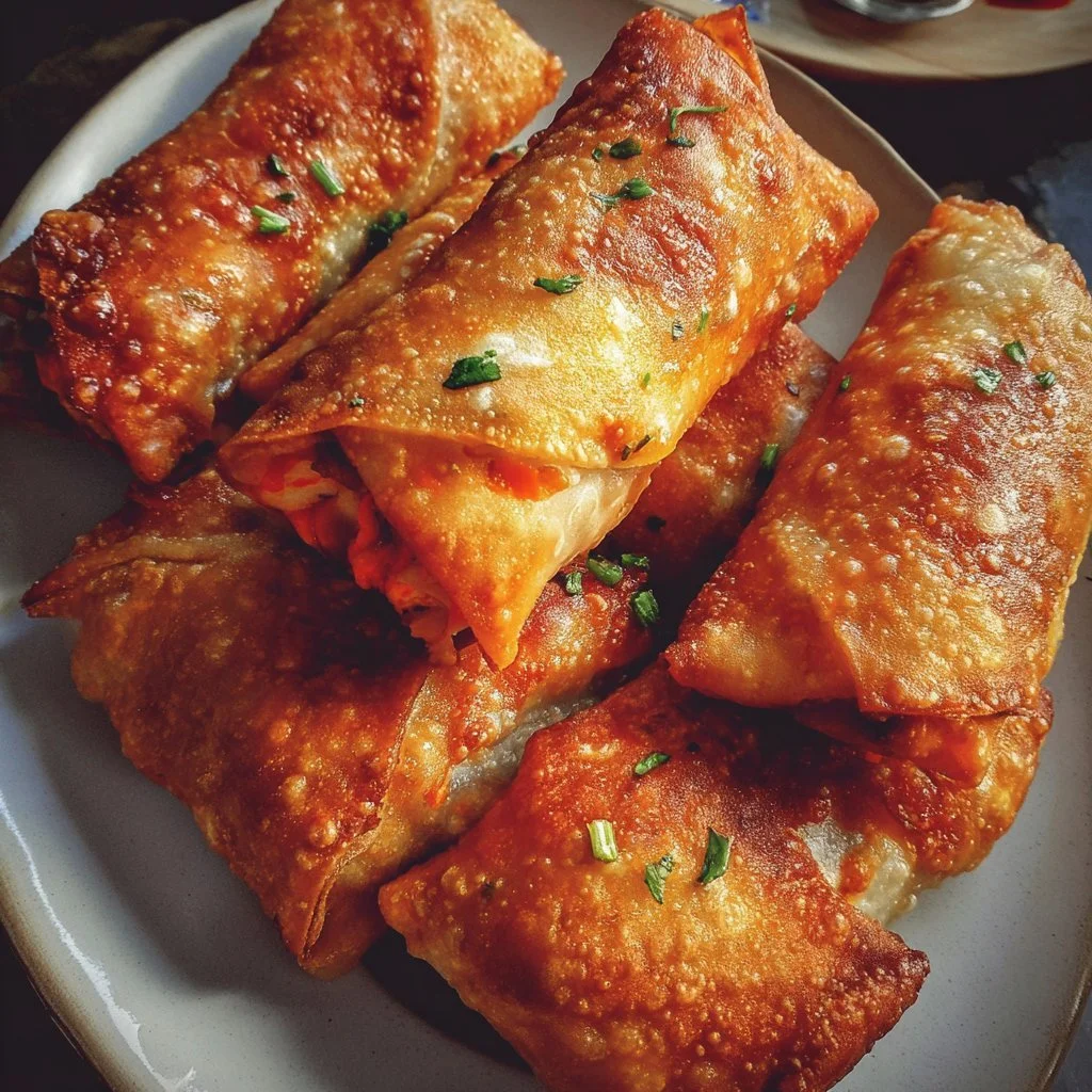 Buffalo Chicken Egg Rolls served with dipping sauce on a plate