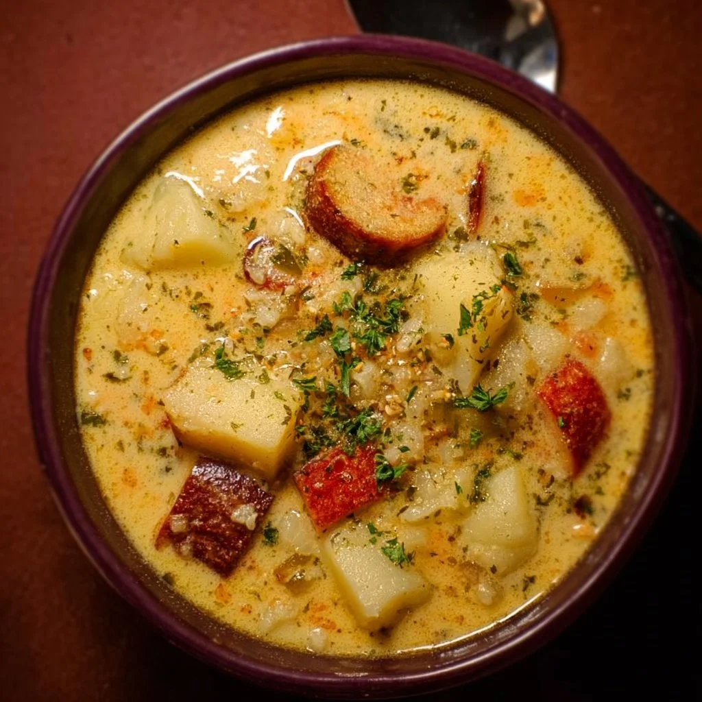 Bowl of delicious Cajun Potato Soup garnished with parsley and spices