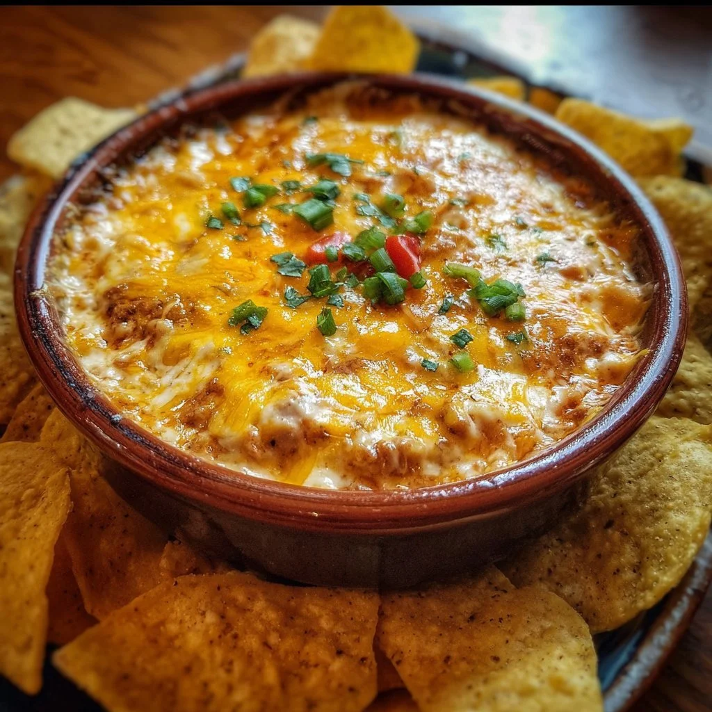 Bowl of cheesy bean dip with tortilla chips for dipping