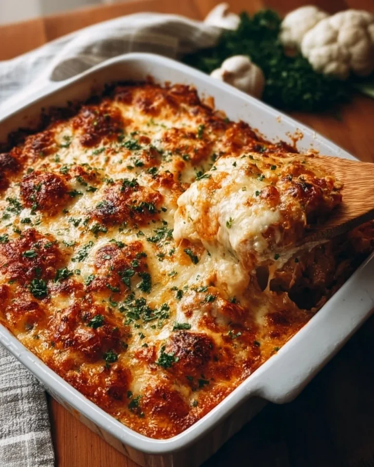 Delicious Chicken Parmesan Casserole topped with cheese and herbs