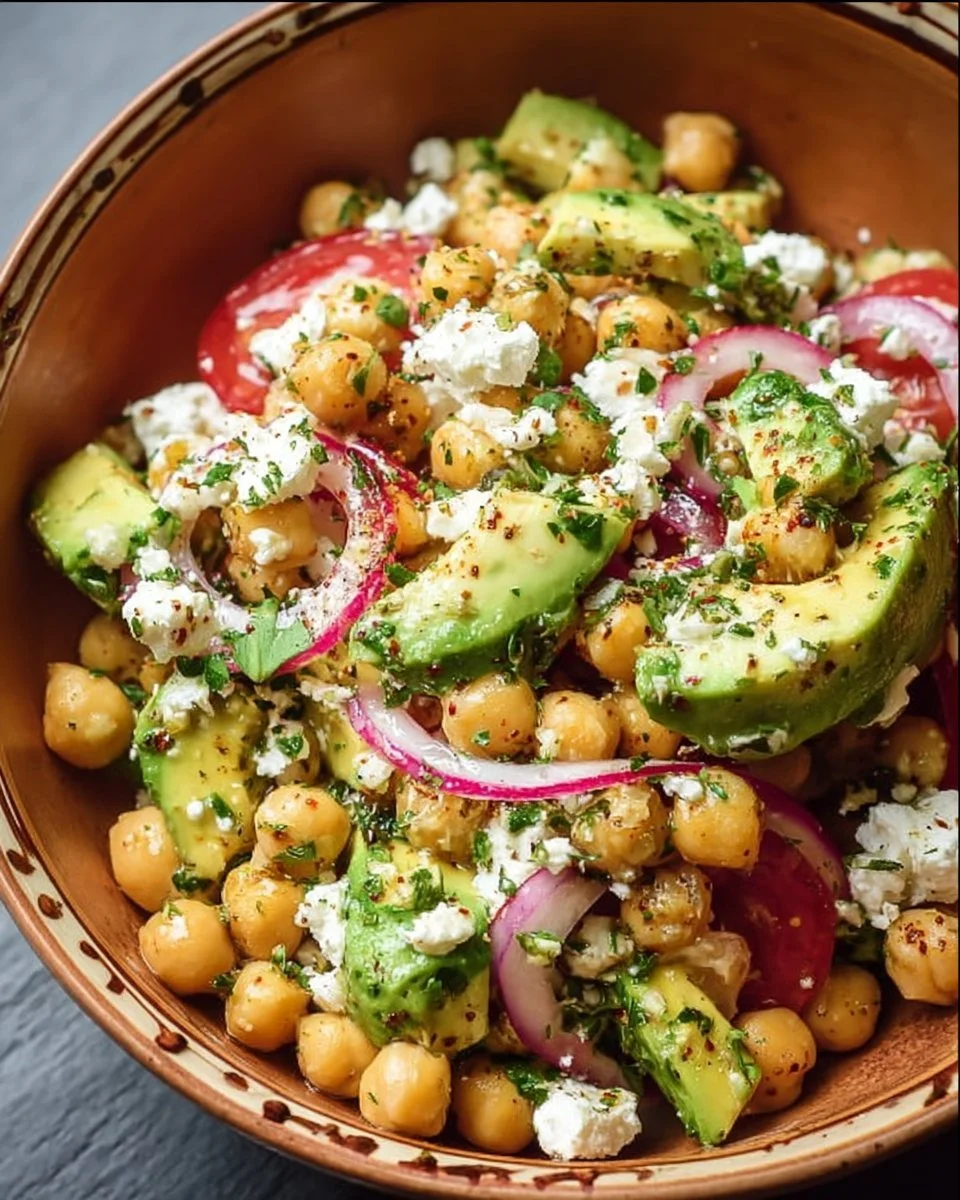 Chickpea Feta Avocado Salad with fresh ingredients and vibrant colors