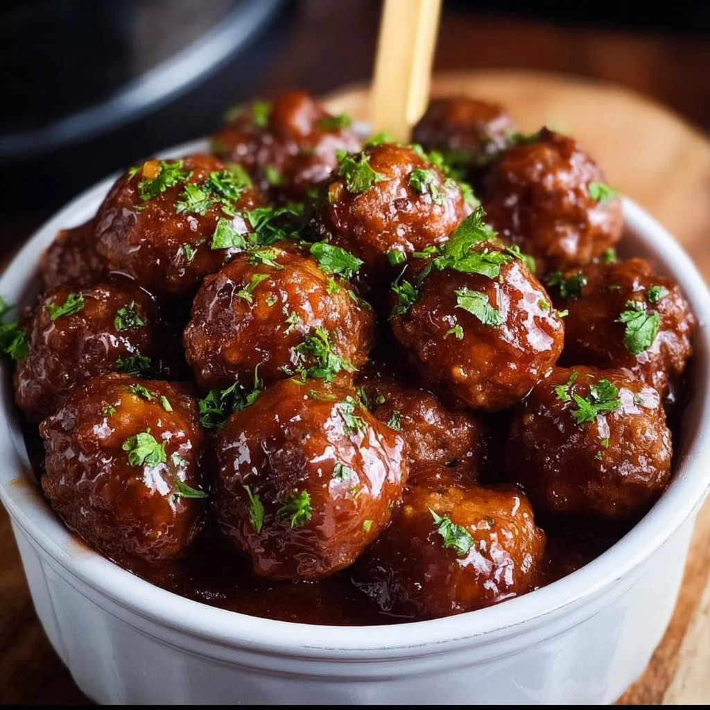 Classic crockpot cocktail meatballs served in a slow cooker, perfect for parties.