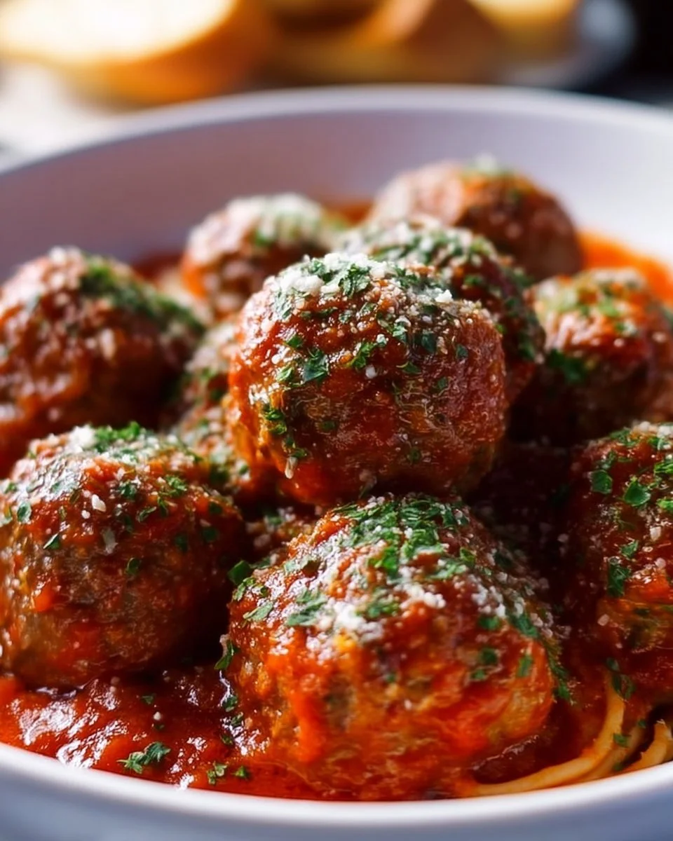 Delicious classic Italian meatballs served with marinara sauce and spaghetti.