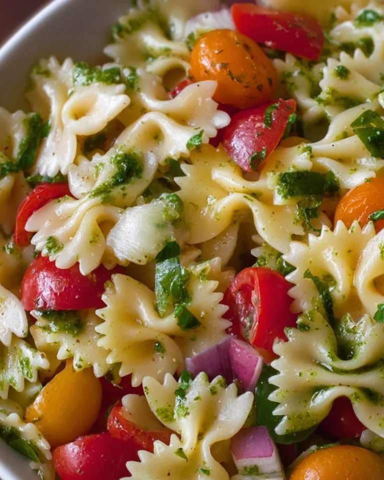 Colorful bow tie pasta salad with fresh vegetables in a serving bowl