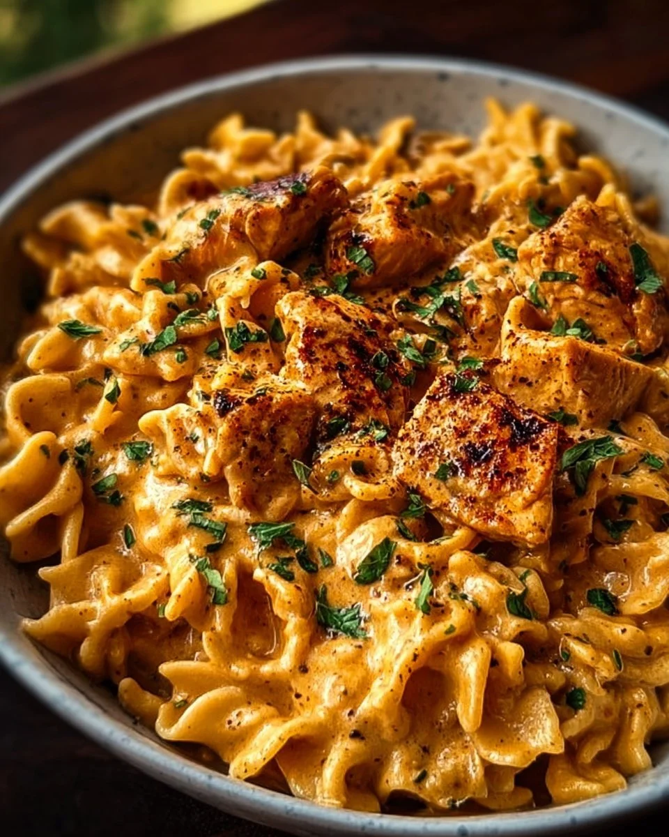 Delicious Cowboy Butter Chicken Pasta in a creamy sauce with spices and herbs