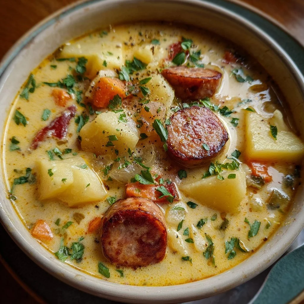 Cozy crockpot potato soup with sausage in a bowl, garnished with herbs