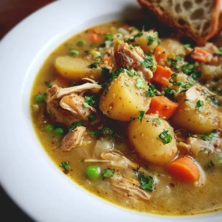 Bowl of delicious chicken stew with vegetables and herbs, perfect for cozy meals.
