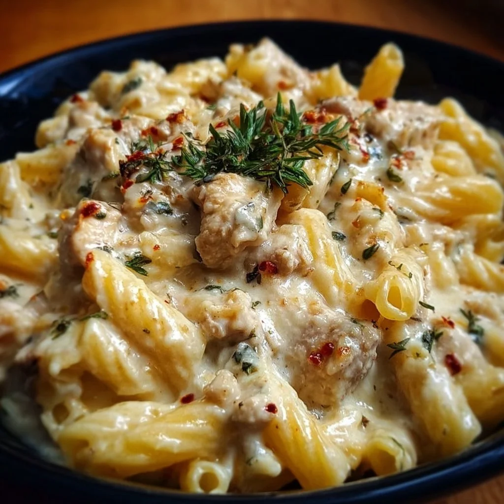 Creamy chicken pasta cooked in a crockpot, topped with herbs and cheese.