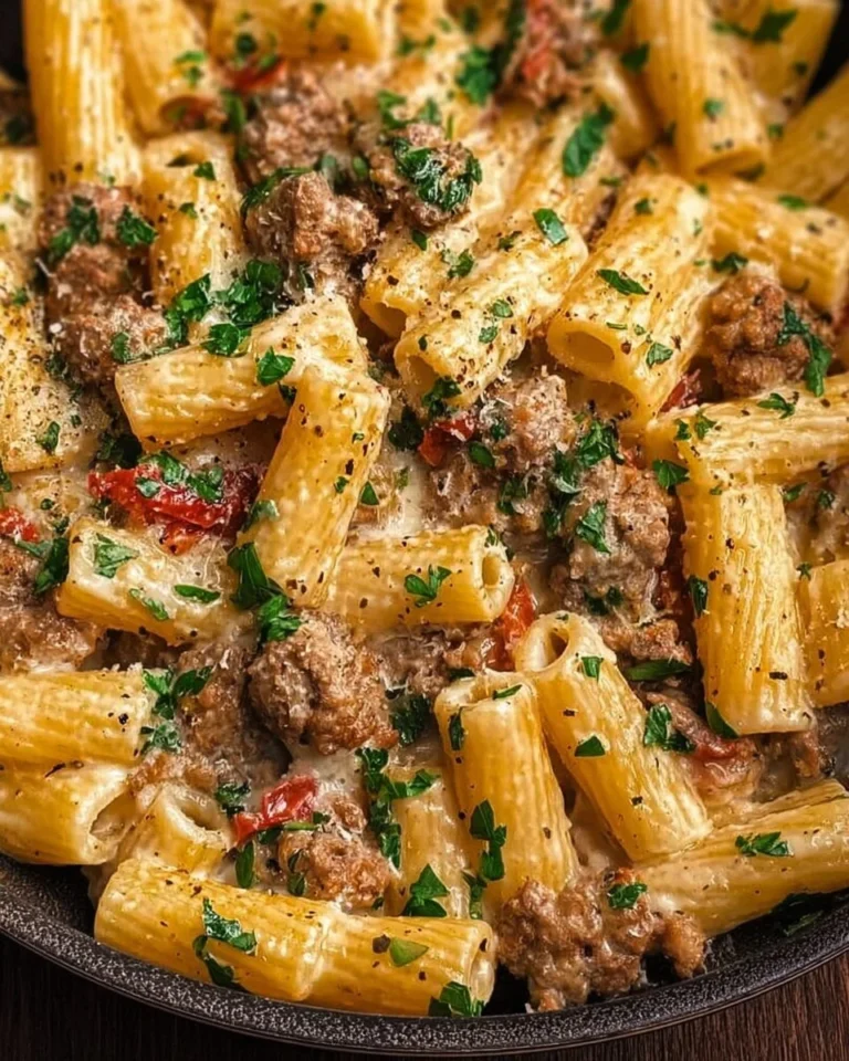Creamy Italian sausage rigatoni served in a bowl with fresh herbs