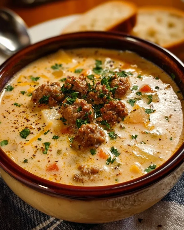 Delicious creamy Italian sausage soup garnished with herbs in a bowl.