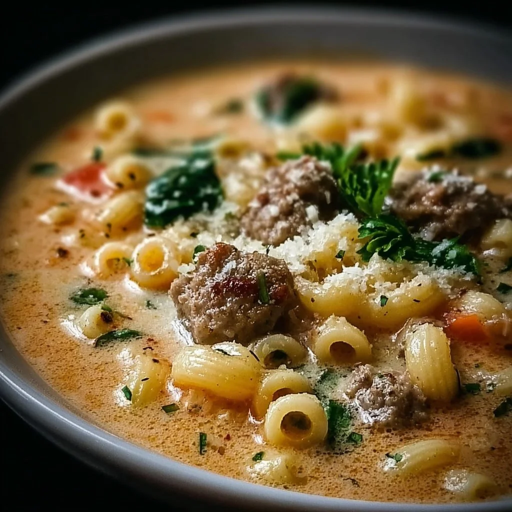 Bowl of creamy Parmesan Italian sausage ditalini soup garnished with herbs