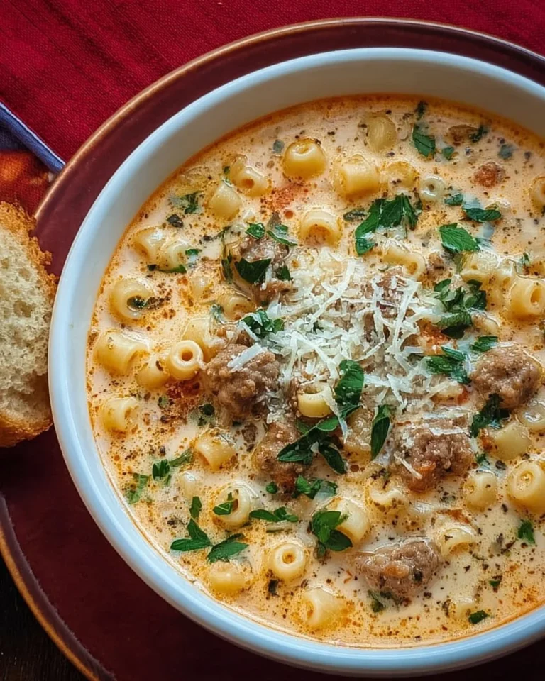 Bowl of creamy parmesan Italian sausage ditalini soup garnished with herbs