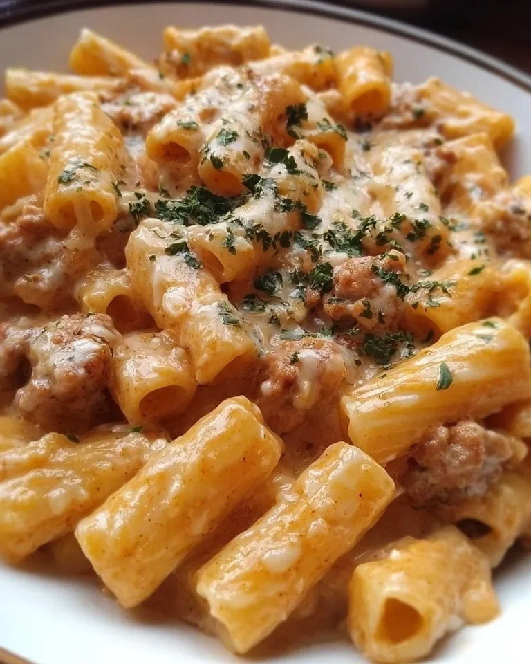 Creamy sausage rigatoni dish garnished with herbs