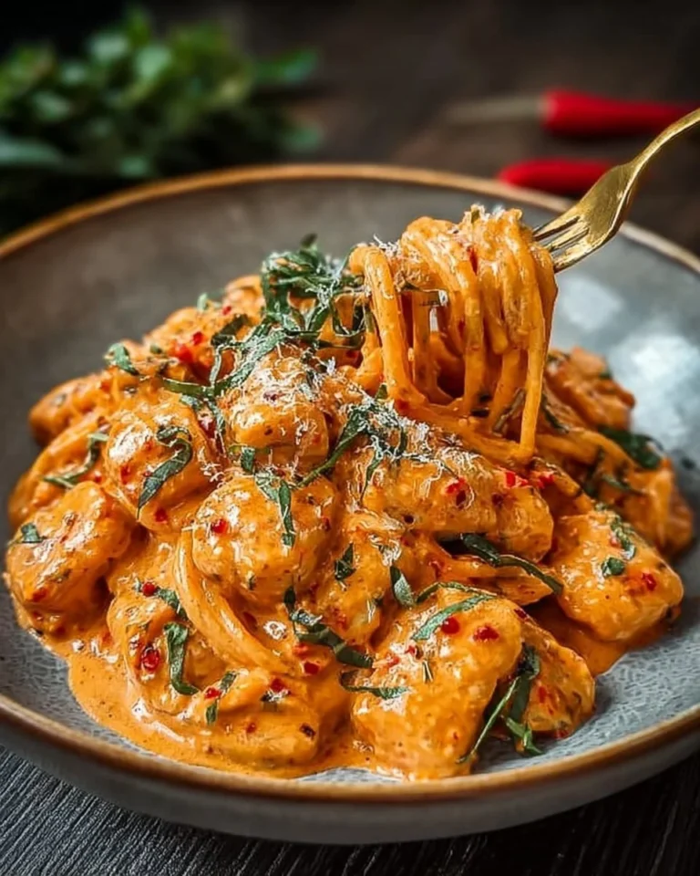 Creamy tomato garlic pasta garnished with fresh basil and parmesan cheese
