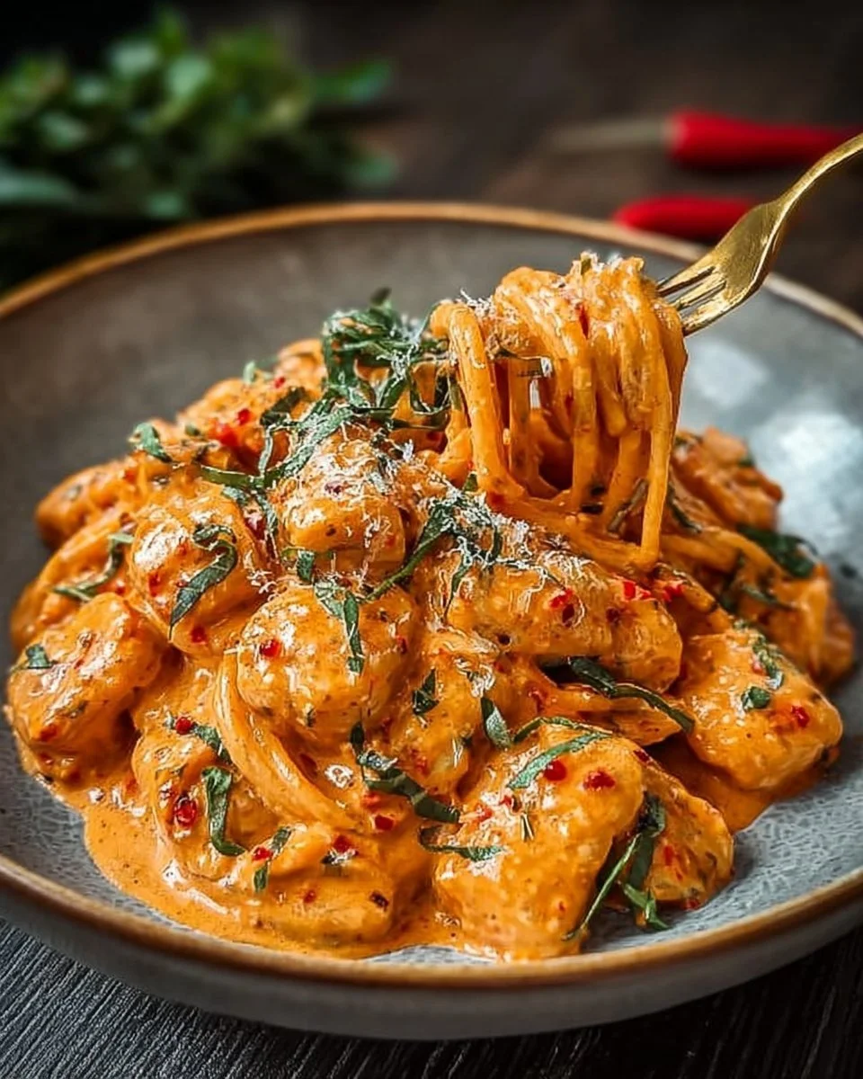 Creamy tomato garlic pasta garnished with fresh basil and parmesan cheese