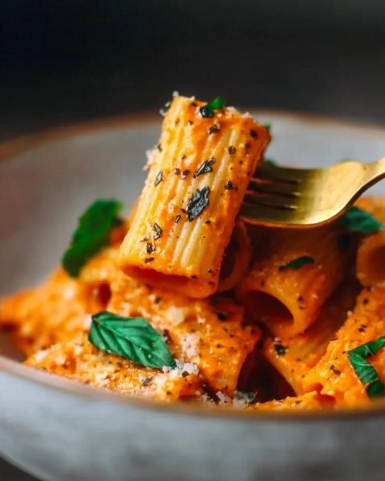Creamy tomato garlic rigatoni pasta served on a plate.