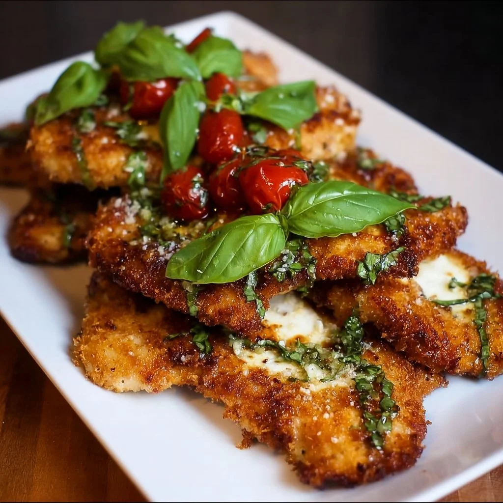 Crispy Parmesan-Basil Chicken Cutlets plated with herbs