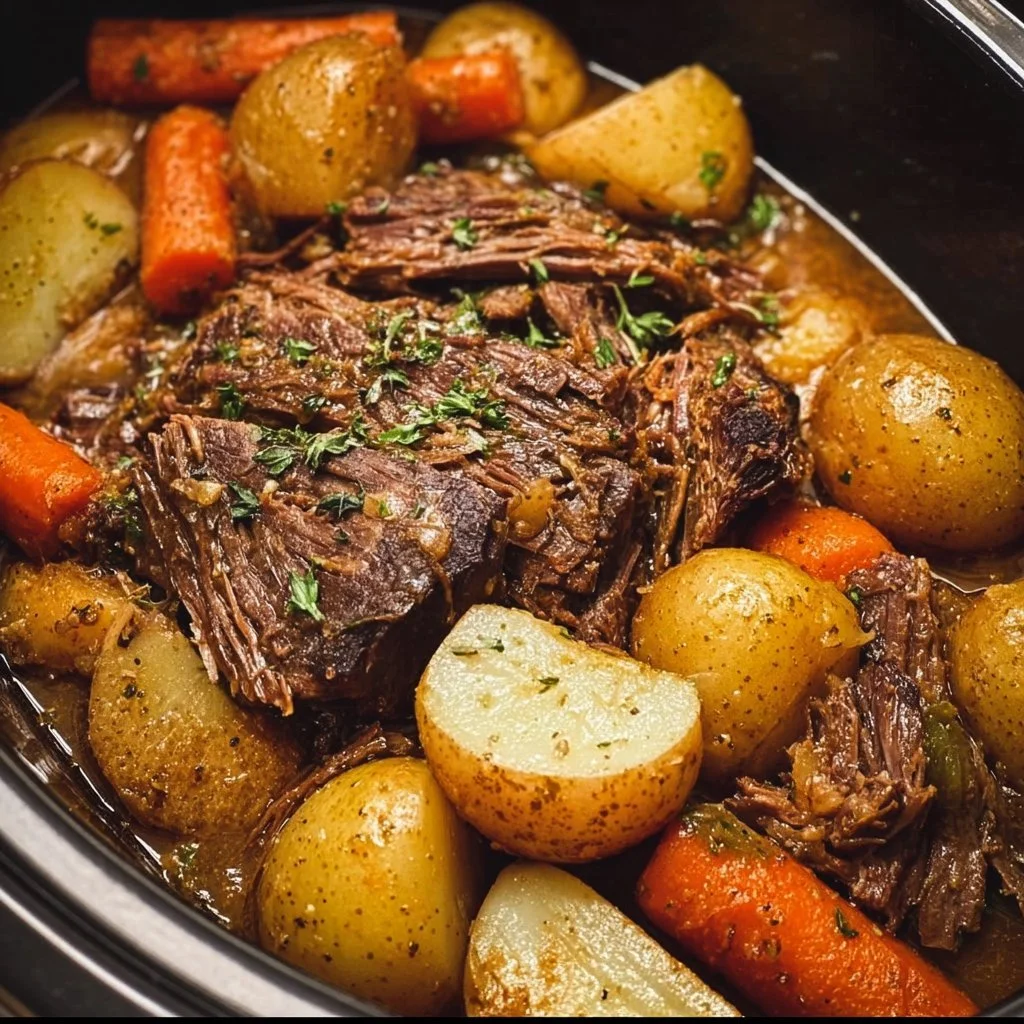 Delicious Crock Pot pot roast served with vegetables and gravy.