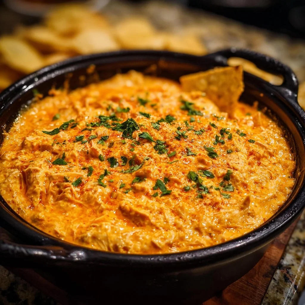 Crockpot Buffalo Chicken Dip served in a bowl with tortilla chips