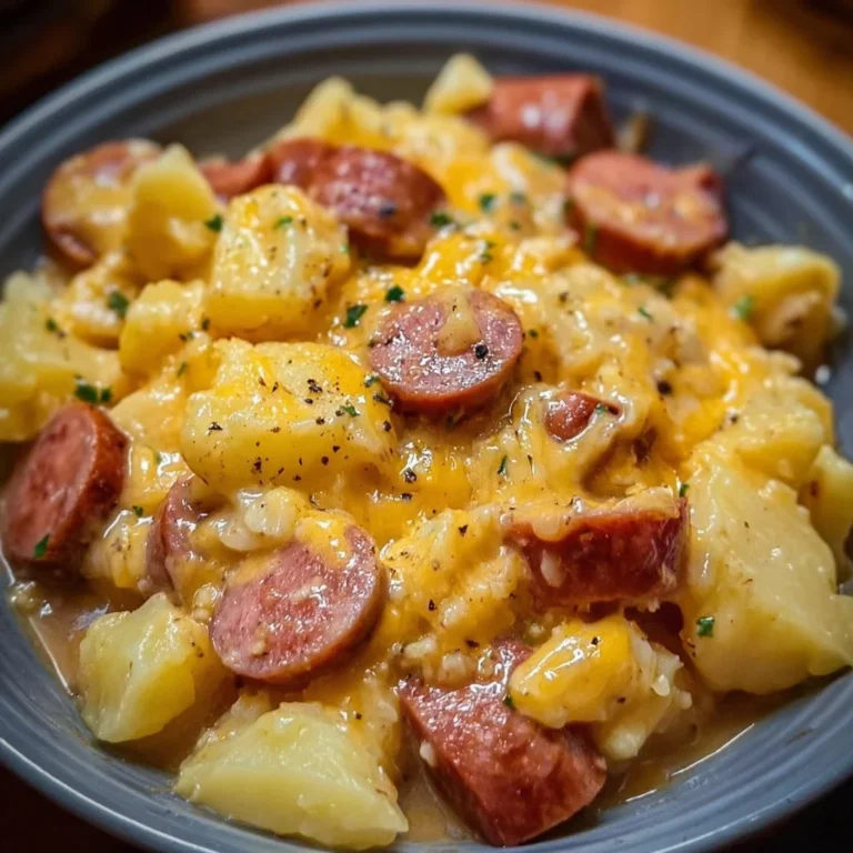 Crockpot Cheesy Potatoes with Kielbasa in a slow cooker