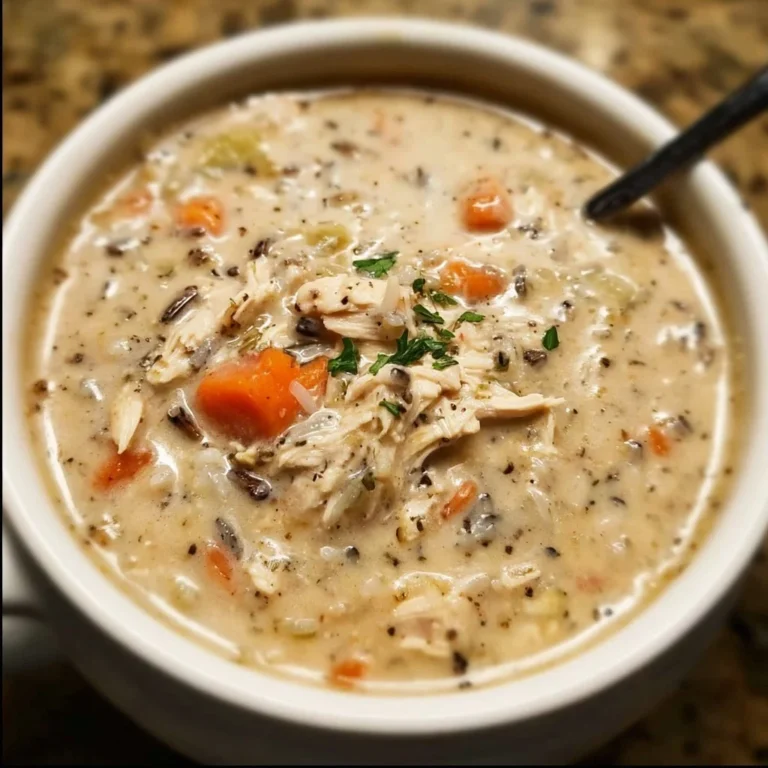 Crockpot Chicken and Wild Rice Soup in a bowl, garnished with herbs.