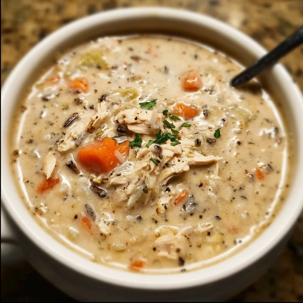 Crockpot Chicken and Wild Rice Soup in a bowl, garnished with herbs.
