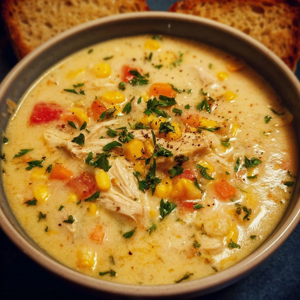 Delicious bowl of Crockpot Chicken Corn Chowder garnished with herbs