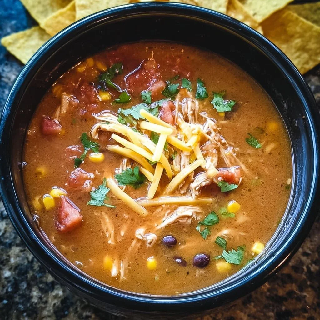 Bowl of Crockpot Chicken Tortilla Soup topped with tortilla strips and cheese