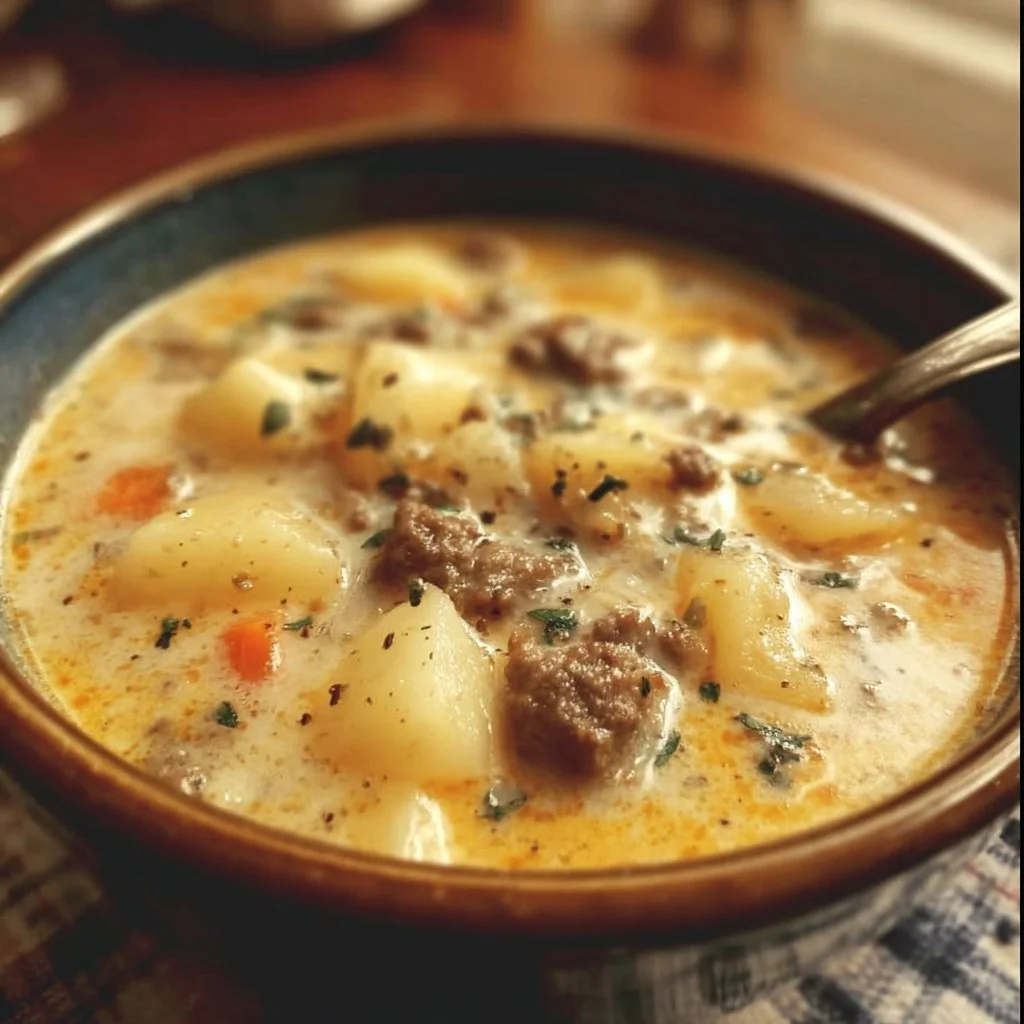 Bowl of crockpot creamy potato and hamburger soup garnished with fresh herbs