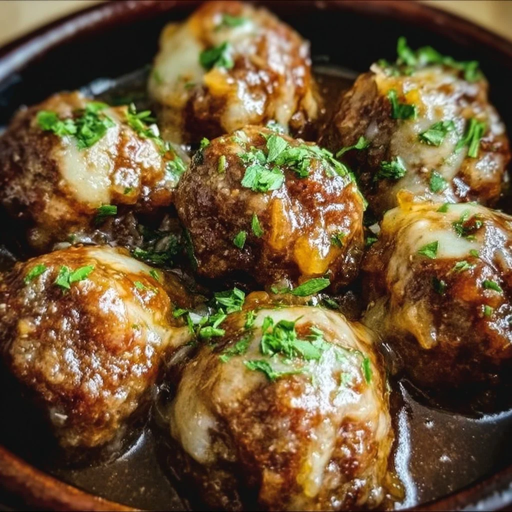 Delicious Crockpot French Onion Meatballs served in a bowl garnished with herbs.