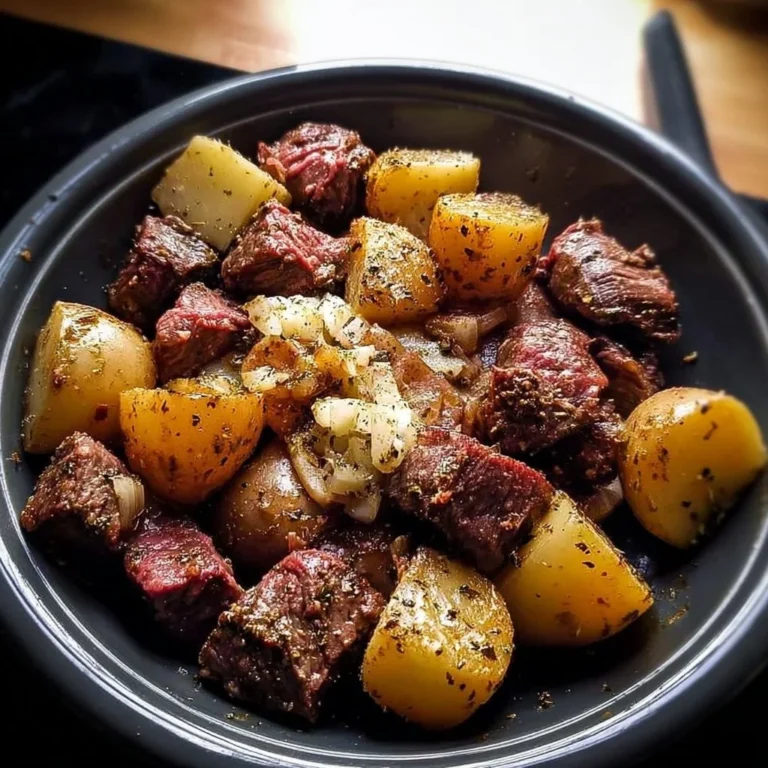Crockpot garlic butter beef bites with potatoes in a savory sauce