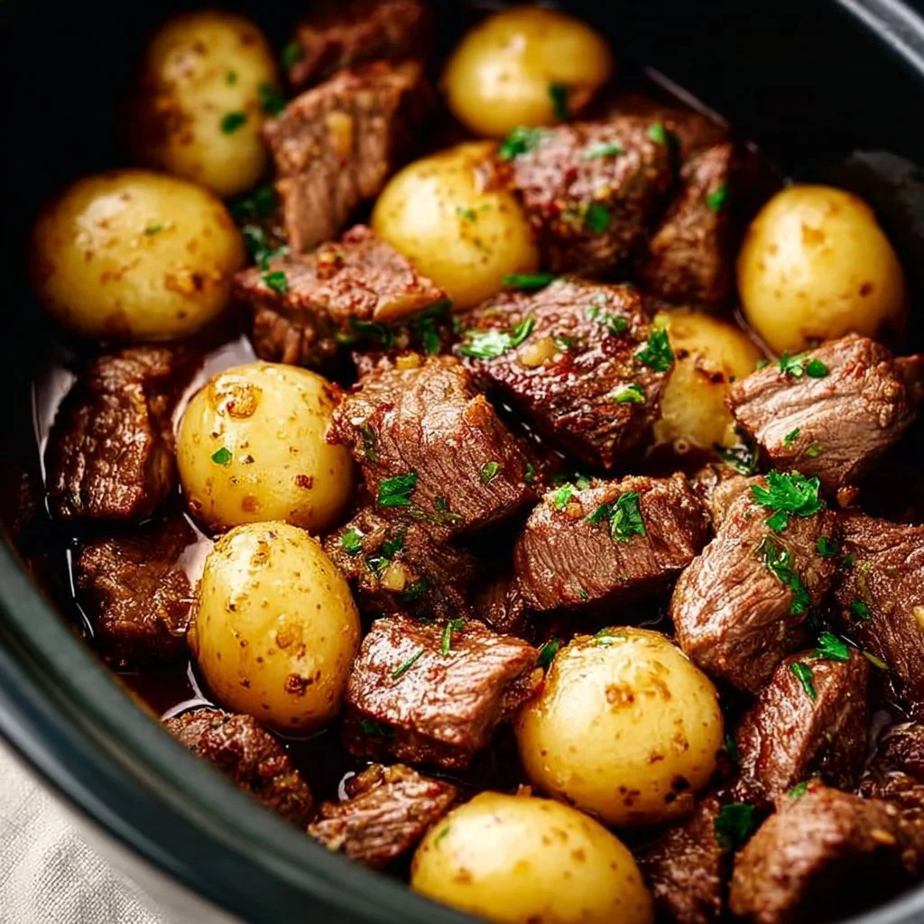 Crockpot Garlic Butter Beef Bites with Potatoes