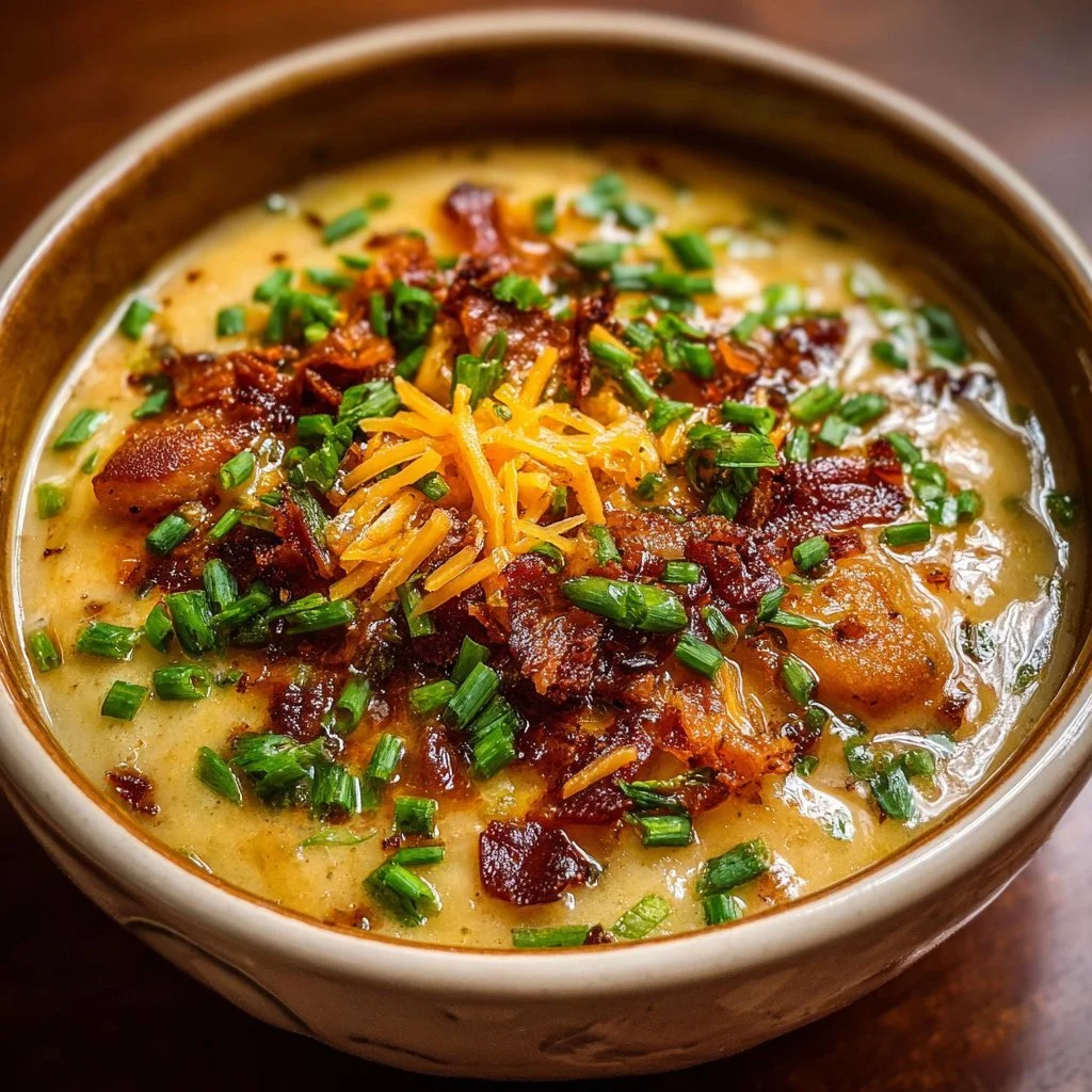 Crockpot Loaded Potato Soup with bacon, cheese, and green onions in a bowl