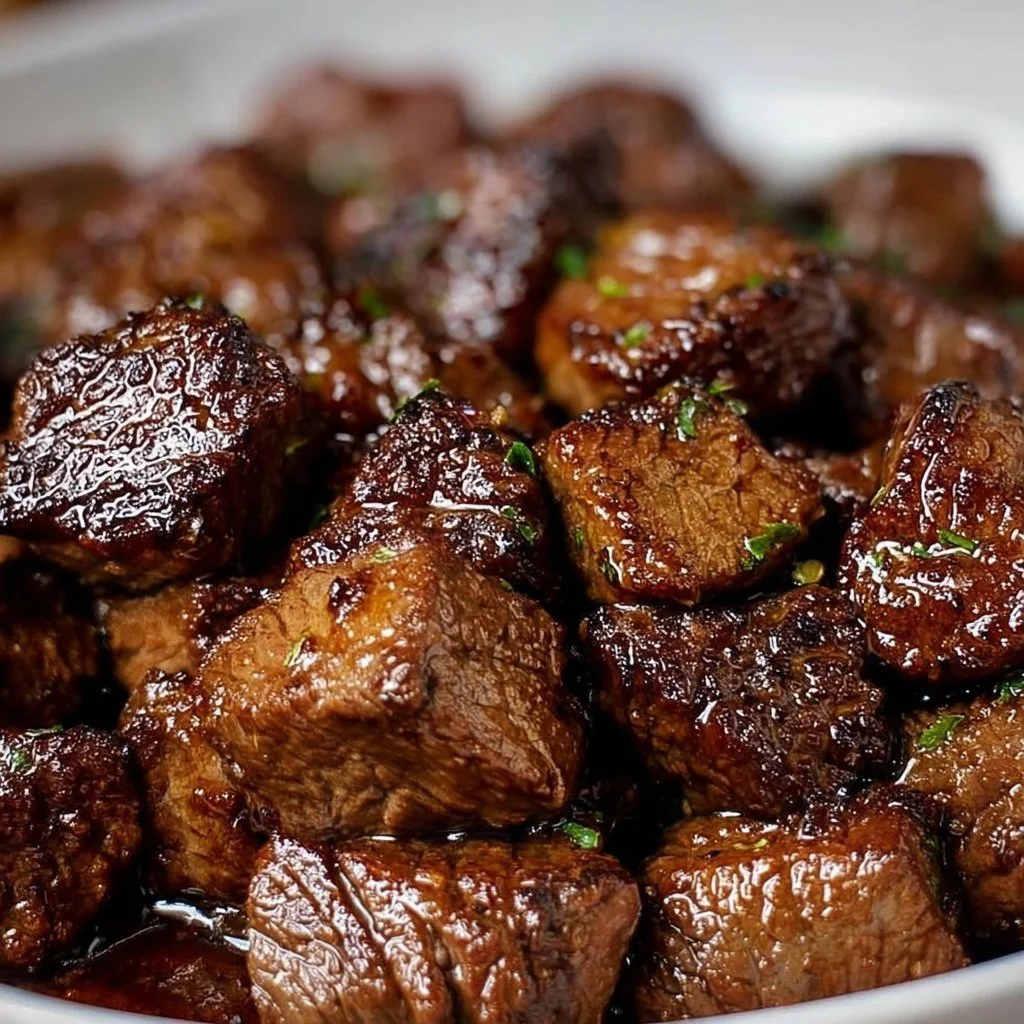 Crockpot steak bites with rich flavors and tender beef served in a bowl.