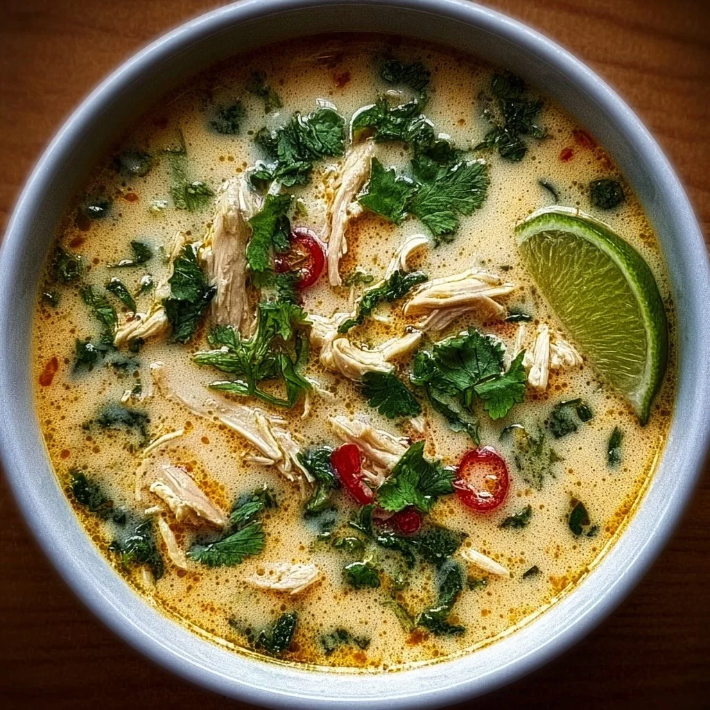 Delicious Crockpot Thai Coconut Chicken Soup in a bowl with fresh herbs