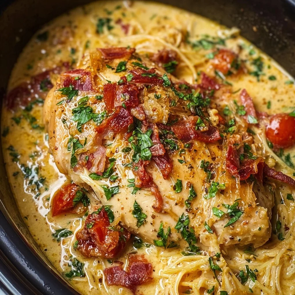 Bowl of easy slow cooker crack chicken topped with green onions