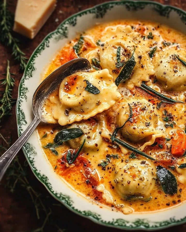 Bowl of Easy Tuscan Ravioli Soup garnished with herbs and cheese