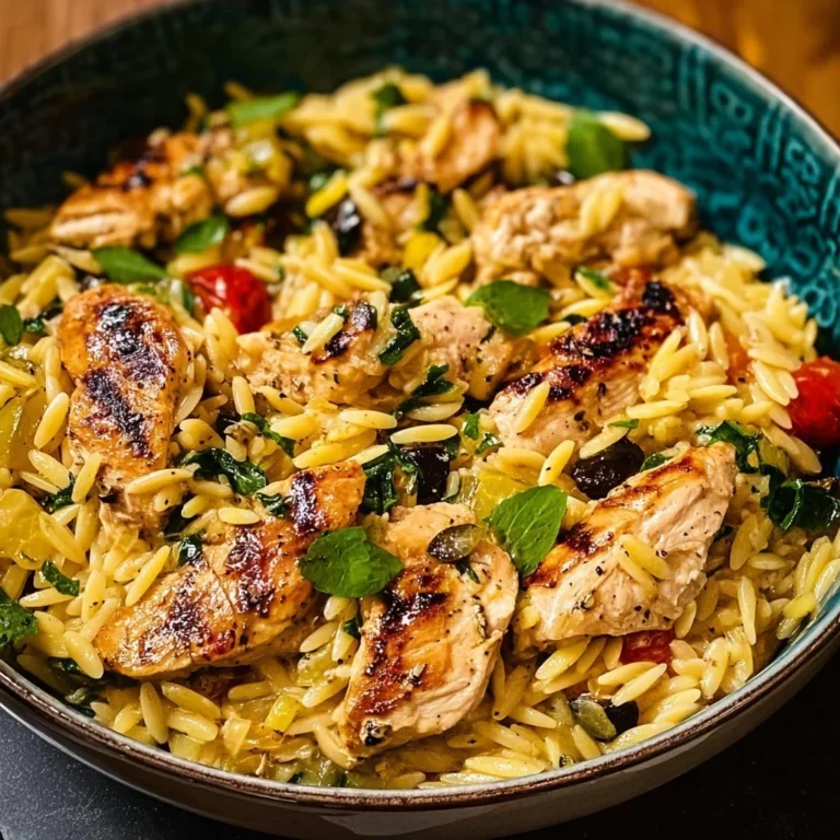 Delicious Mediterranean Chicken Orzo garnished with fresh herbs and vegetables