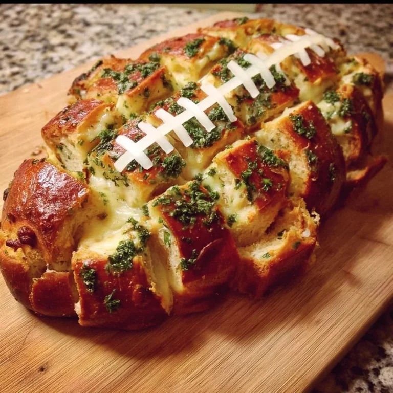 Football shaped cheesy stuffed garlic pull apart bread topped with melted cheese and herbs