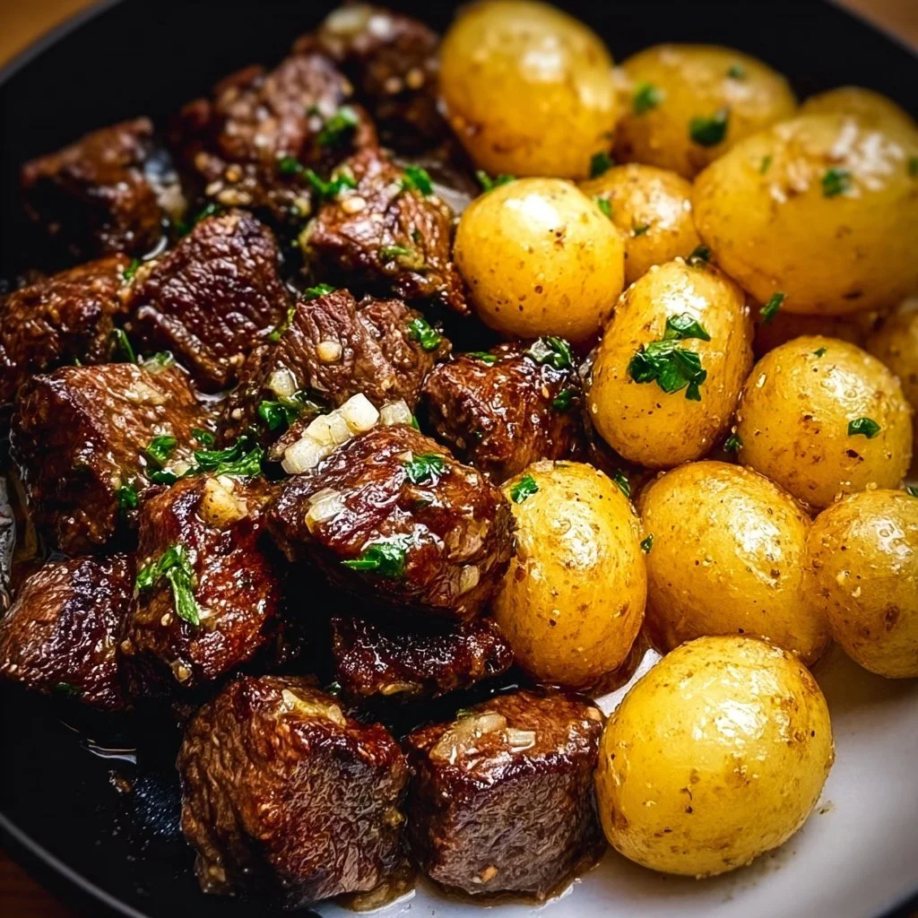 Plate of Garlic Butter Beef Bites served with roasted potatoes