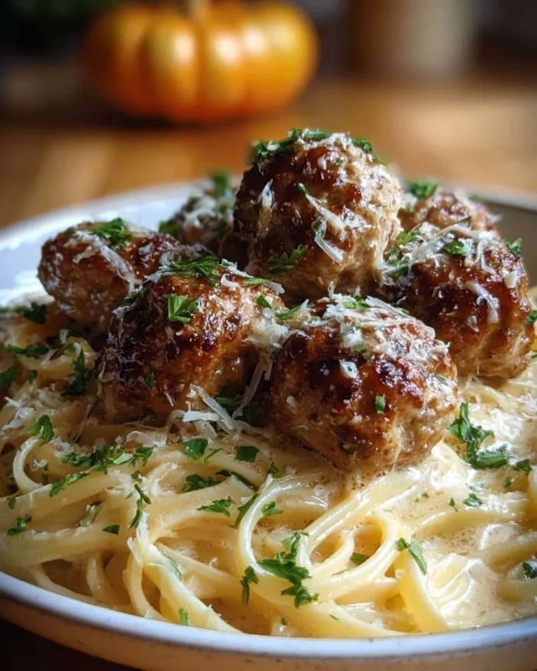 Delicious garlic butter meatballs served over parmesan linguine