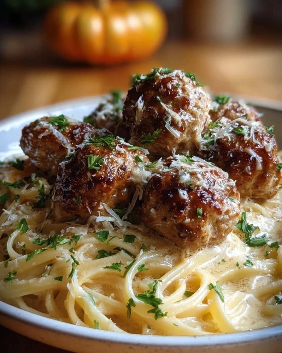 Delicious garlic butter meatballs served over parmesan linguine