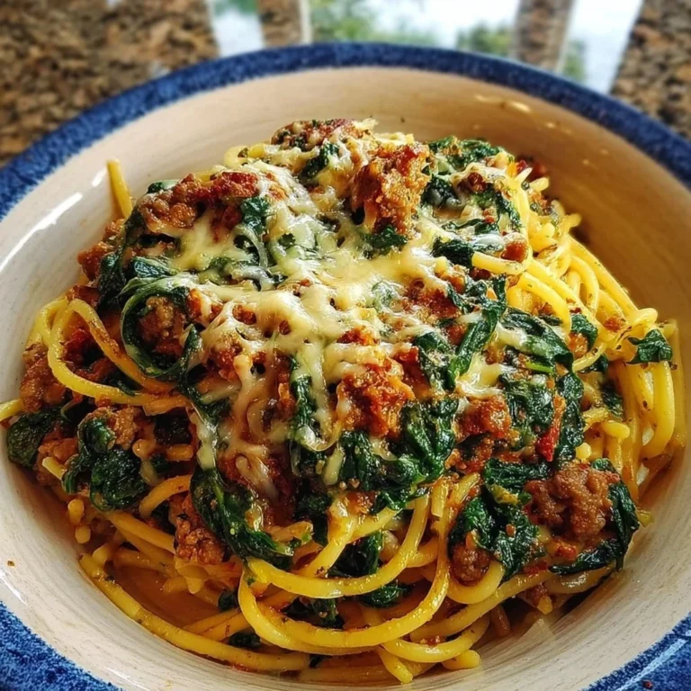 Plate of garlic butter spaghetti topped with cheesy Italian sausage and spinach.