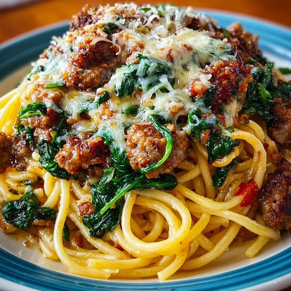 Garlic Butter Spaghetti with Cheesy Italian Sausage and Spinach