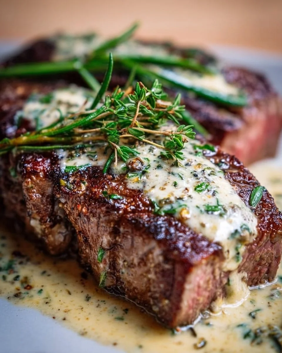 Garlic Butter Steak topped with creamy Parmesan sauce served on a plate.