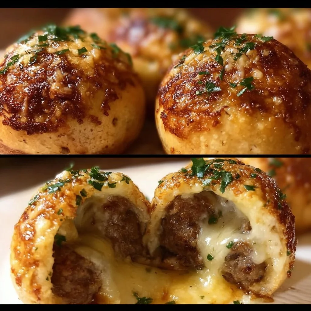 Delicious Garlic Parmesan Cheeseburger Bombs ready to be served, bursting with flavor.