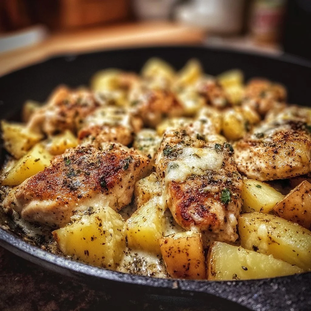 Garlic Parmesan Chicken and Potatoes Skillet garnished and ready to serve