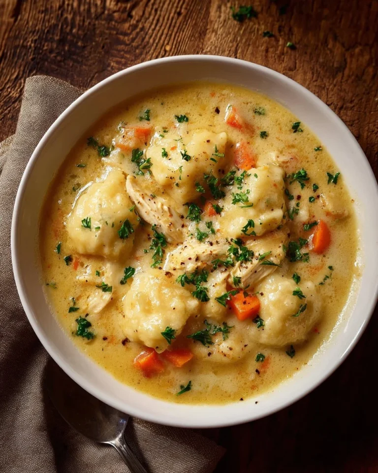 Bowl of gluten-free chicken and dumplings served with herbs and spices.