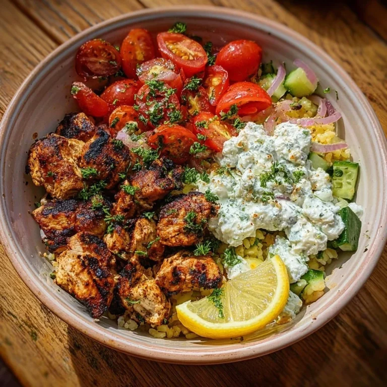 A vibrant Greek Chicken Bowl with veggies, grains, and grilled chicken.