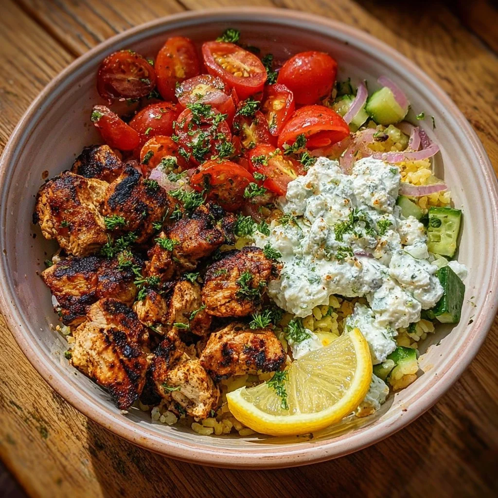 A vibrant Greek Chicken Bowl with veggies, grains, and grilled chicken.